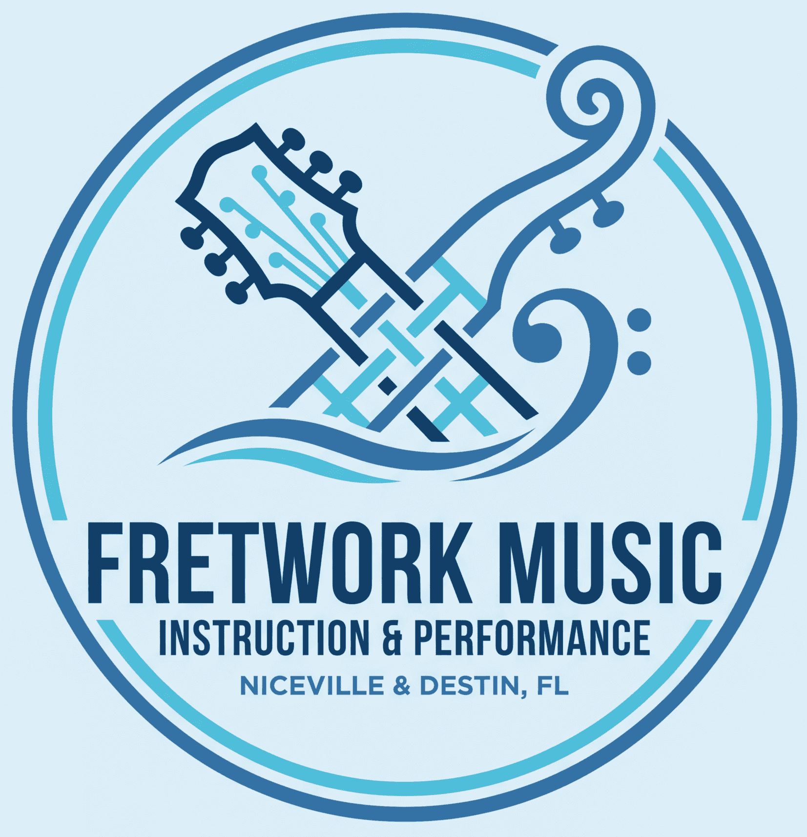 Fretwork Music logo with guitar and musical notes design.